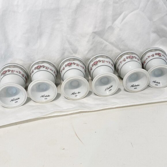 Noritake Porcelain Egg Cups Pink Roses Floral Silver Rim Set of 6 Japan Vintage - Picture 6 of 6